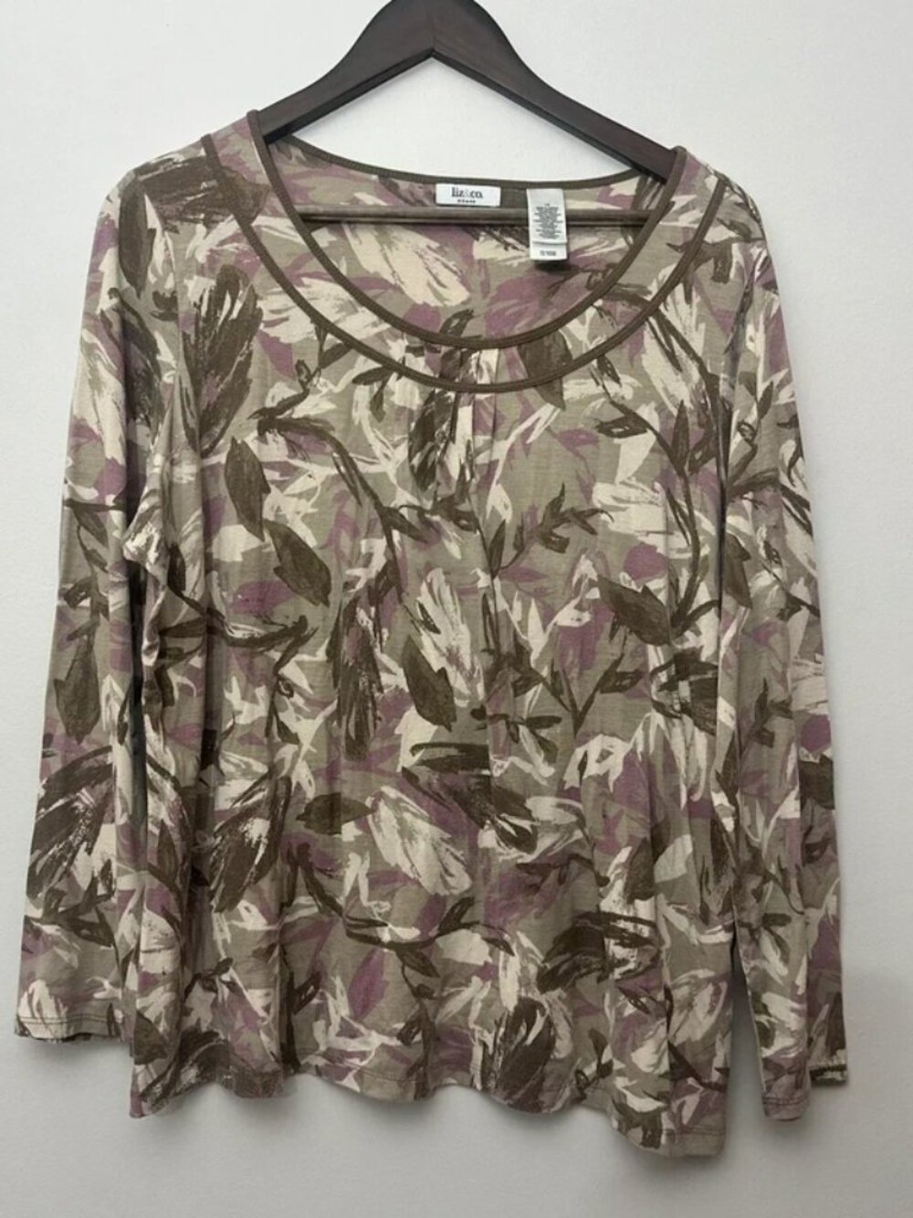 Liz & Co Woman Plus Size 1X Floral Long Sleeve Knit Top Mauve Brown Beige